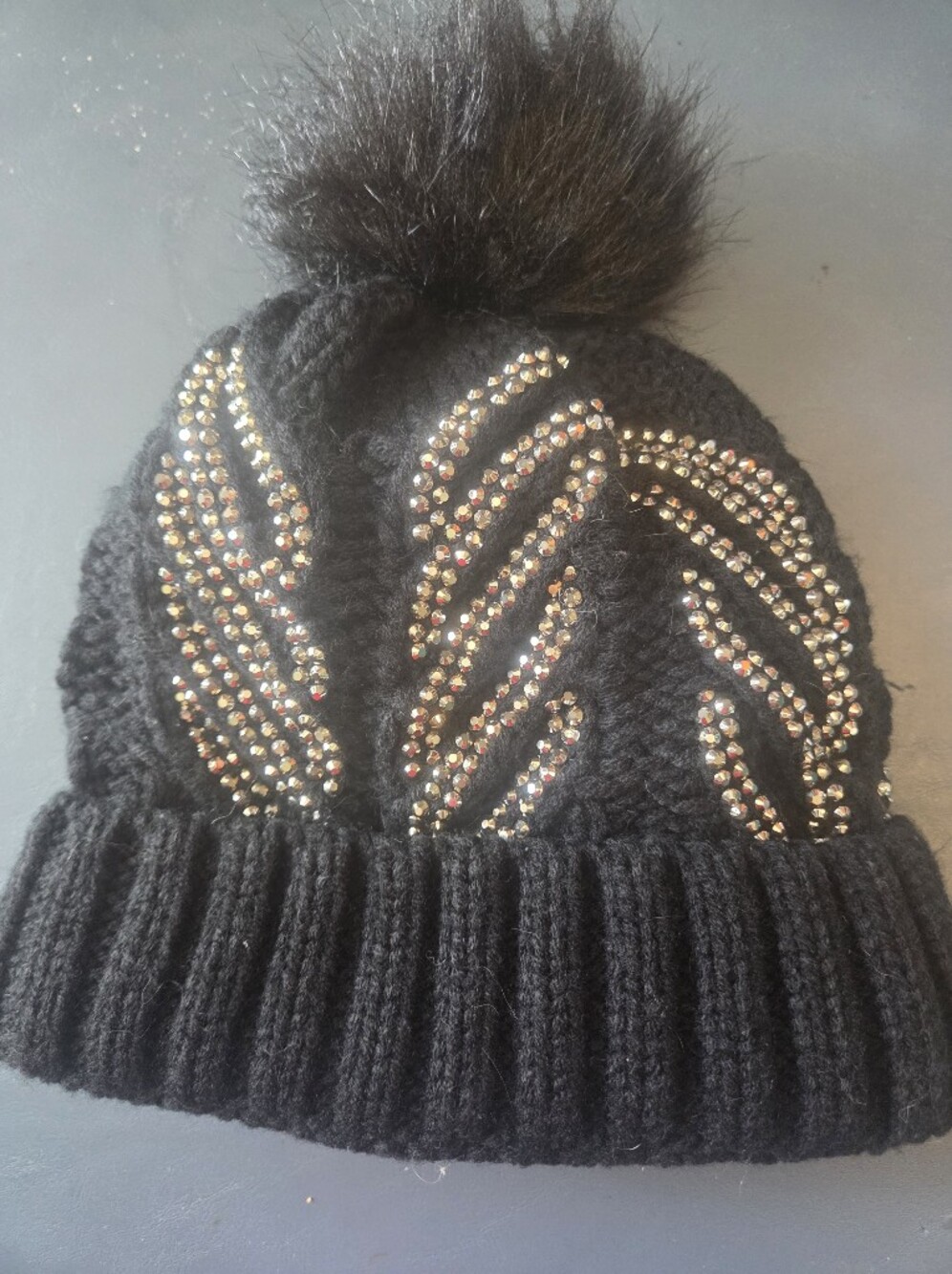 Black Beanie with Crystal Embellishments -